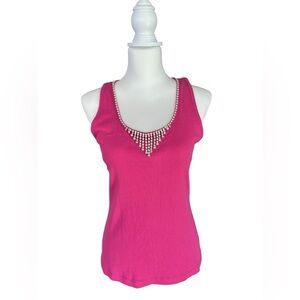 Y2K Vintage Bisou Bisou Pink Rhinestone Tank Top McBling Trashy Chic Size Large